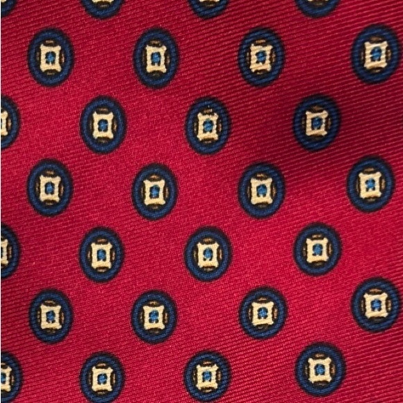 Delvechio Imported Fabric Red Blue Yellow Geometric Print Silk Neck Tie - Picture 14 of 16